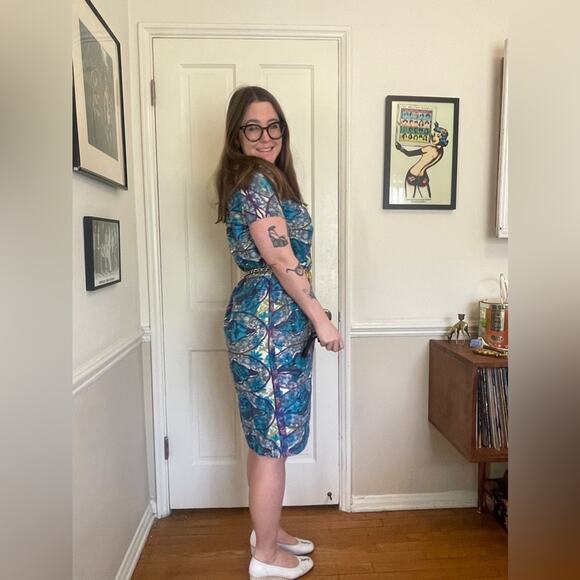 60s Vintage Blue Printed Pull Over Day Dress - Picture 3 of 7